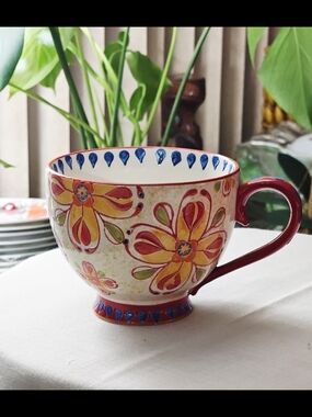Hand-Painted Bohemian folk-art Floral Ceramic Mug in Red and Yellow